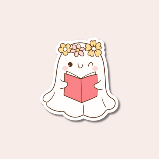 Flower Crown Ghost Reading Book Sticker